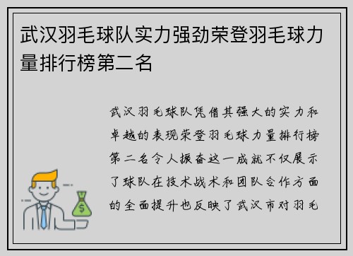 武汉羽毛球队实力强劲荣登羽毛球力量排行榜第二名
