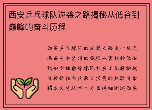 西安乒乓球队逆袭之路揭秘从低谷到巅峰的奋斗历程