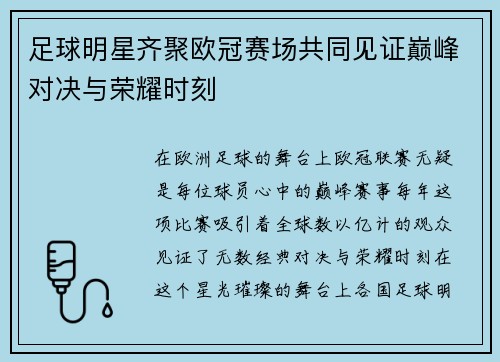 足球明星齐聚欧冠赛场共同见证巅峰对决与荣耀时刻