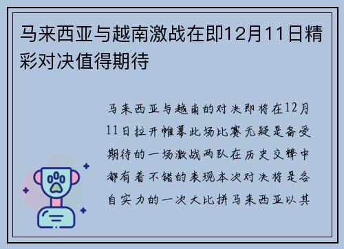 马来西亚与越南激战在即12月11日精彩对决值得期待